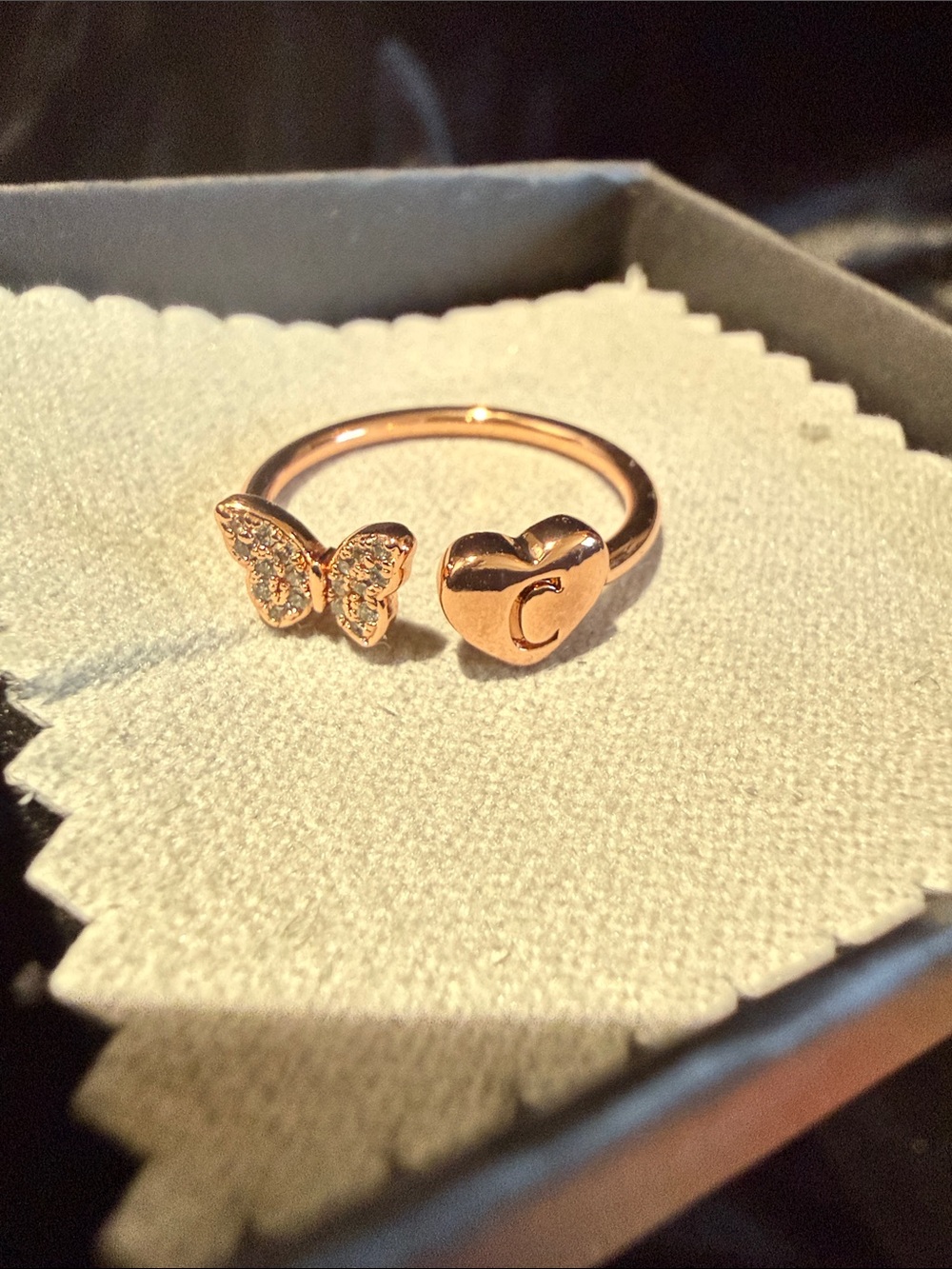 Rose Gold Butterfly and Heart Initial C, K, M, N, O, R, U, and Y Adjustable Ring